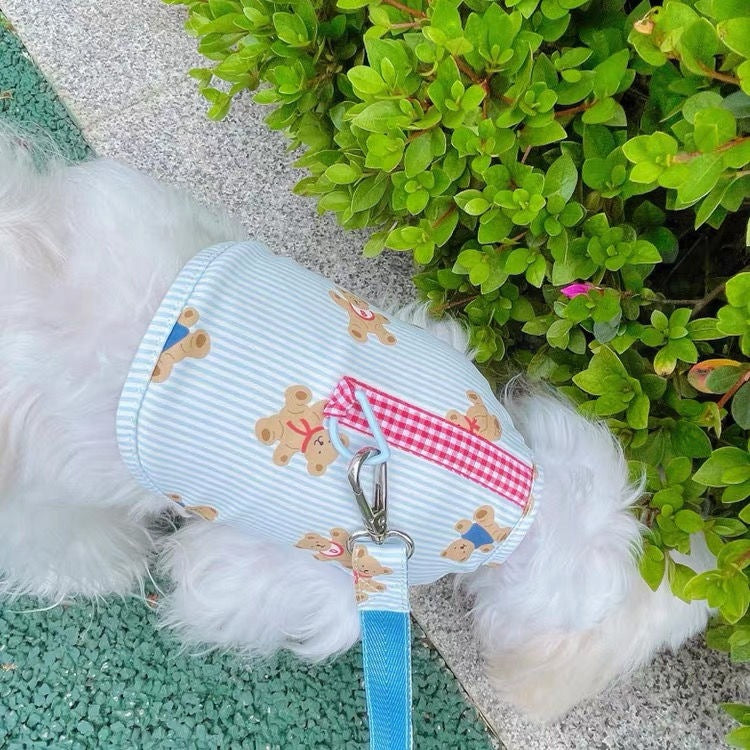 韓国の純綿のかわいいストライプの熊の胸のペットの牽引縄は犬のテディの熊のセットを散歩します メガ割ワンピースパンツトートバッグ