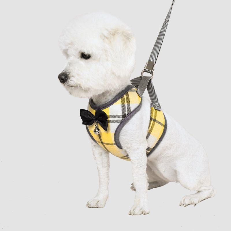 ハーネス リード 2点セット 犬用 猫用 小型犬 ペットウェア ドッグウェア ペット用品 メッシュ ベスト チェック リボン 蝶ネクタイ 鈴 お出かけ