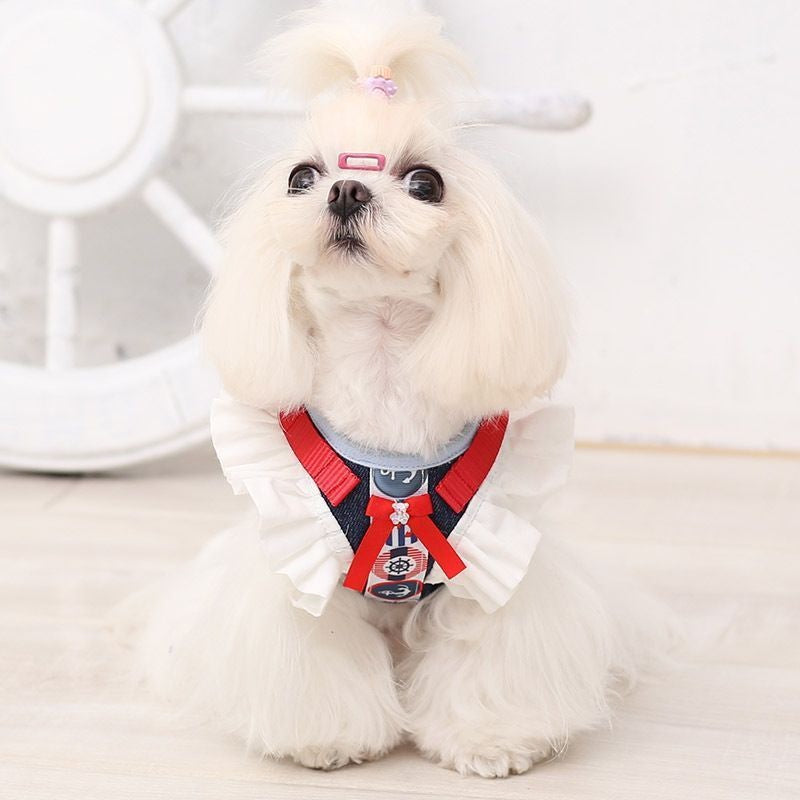 デニム風の犬の牽引紐のベスト式の飛袖の犬の牽引は胸のベルトのテディの熊の服を防ぎます メガ割ワンピースパンツトートバッグ
