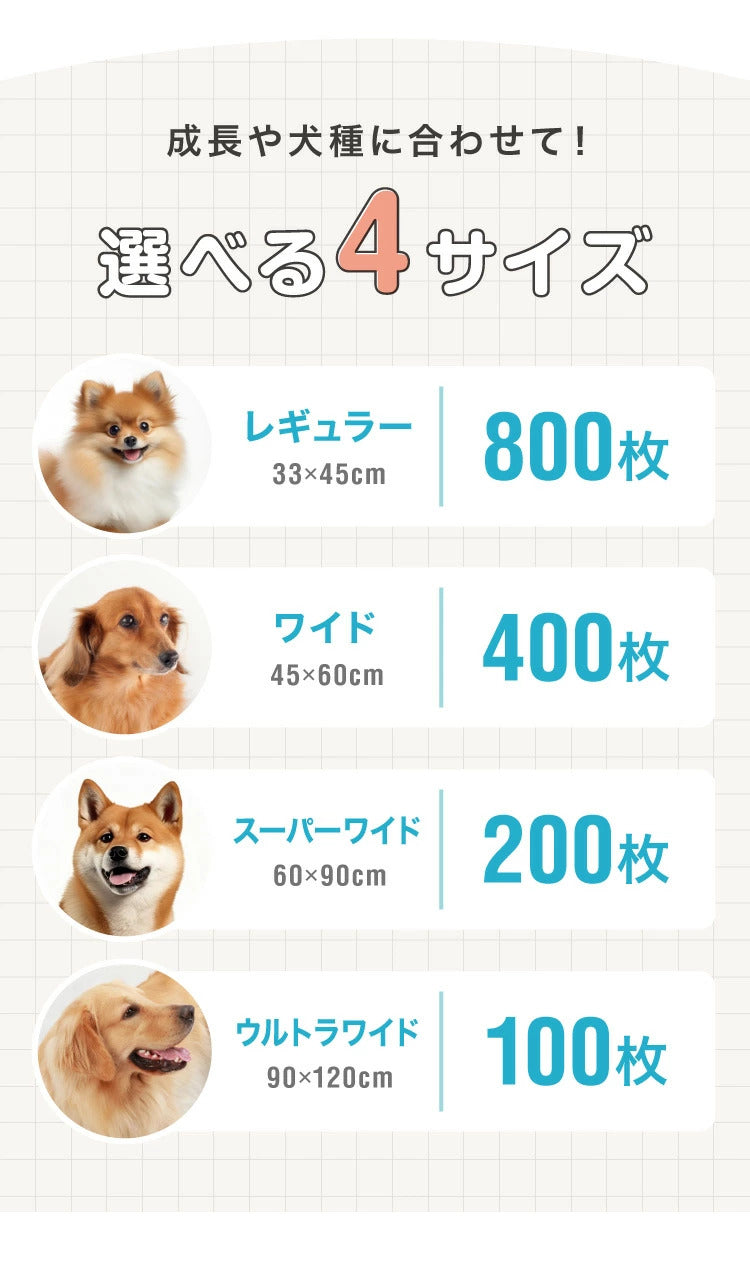 <a href="https://www.qoo10.jp/gmkt.inc/Search/brand.aspx?brandno=134820" target="_blank" class="title_brand" id="btn_brand" title="リコメン堂">リコメン堂</a>ペットシーツ 薄型 レギュラー 800枚 ワイド 400枚 スーパーワイド 200枚 ウルトラワイド 100枚 ホワイト 白 大容量 超吸収 抗菌 消臭 トイレシート トイレシーツ ペットシート