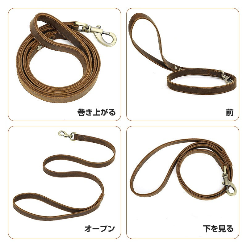 本革子犬リード手作り第一層両面牛革犬バックルポータブルペット犬のリード犬 リード 本革 肩掛けリード ショルダーリード おすすめ 多機能リード ハンズフリー 犬 リード2cm*113.5cm 長い