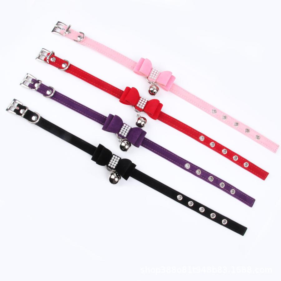 ベロア調 犬 ビジュー 可愛い 蝶ネクタイ 首輪 お散歩グッズ リボン ペット用品 鈴 カラー ラインストーン 猫 サイズ調節可能