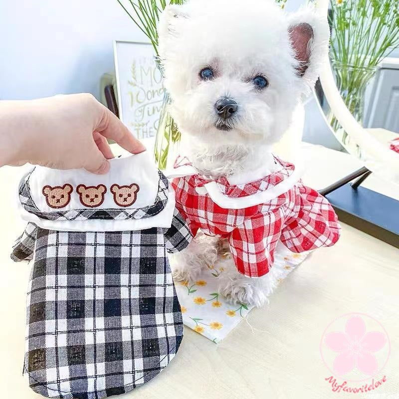 高級な質感 ペット 服 安い犬 春 夏 秋 ギンガム チェック ワンピース くまちゃん 柄 えり かわいい 可愛い ハイブランド 猫 ドッグウェア