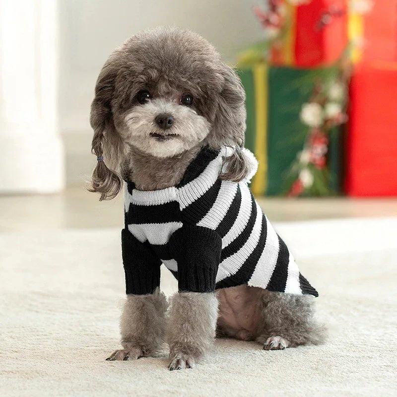 人气新作ホット冬ペット セーター クリスマス小型および中型犬ストライプ フード付きセーター ニット ペット服