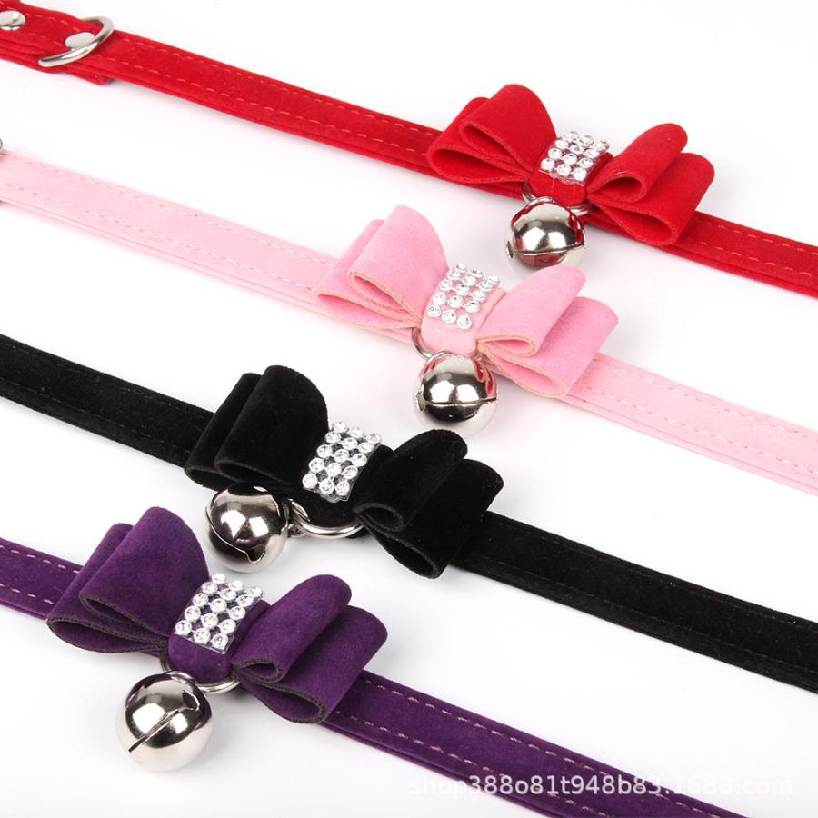ベロア調 犬 ビジュー 可愛い 蝶ネクタイ 首輪 お散歩グッズ リボン ペット用品 鈴 カラー ラインストーン 猫 サイズ調節可能