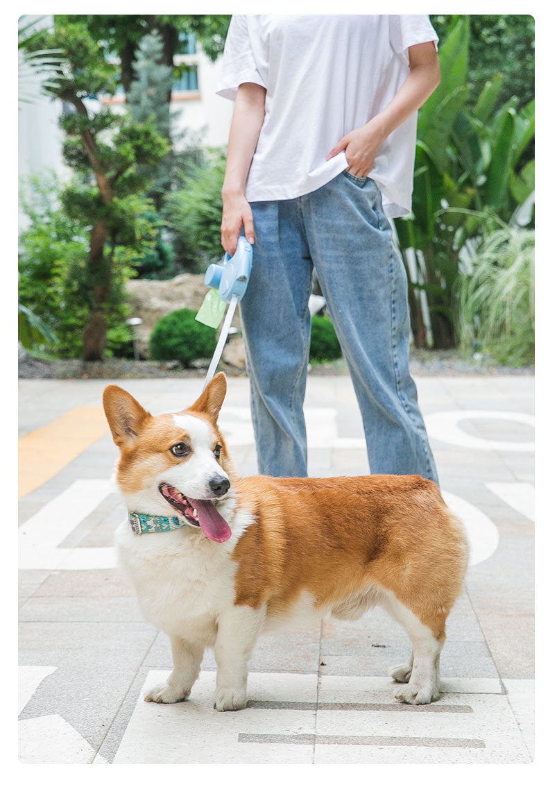 沸騰新柄追加 犬 伸縮リード ハーネス 巻き取り式伸縮リード 自動巻き 反射光 調節可能 ゴミ袋ケース付き 長さ5quma