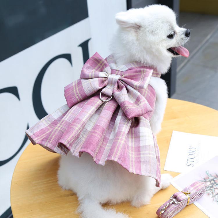 リボンワンピーススタイルがオシャレなハーネスとリードセット!2点セット チェックワンピース 犬 ハーネスリード 小型犬 中型犬 ステップハーネス ウェアハーネス 胸背 ペットウェア 犬用 介護用 首輪