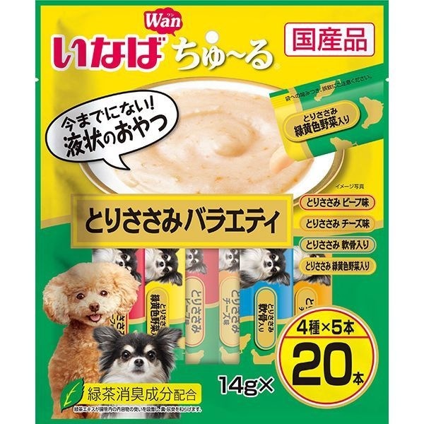 <a href="https://www.qoo10.jp/gmkt.inc/Search/brand.aspx?brandno=77771" target="_blank" class="title_brand" id="btn_brand" title="いなばペットフード">いなばペットフード</a>いなば ちゅ~る 20本入り とりささみバラエティ