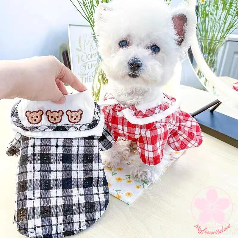 高級な質感 ペット 服 安い犬 春 夏 秋 ギンガム チェック ワンピース くまちゃん 柄 えり かわいい 可愛い ハイブランド 猫 ドッグウェア
