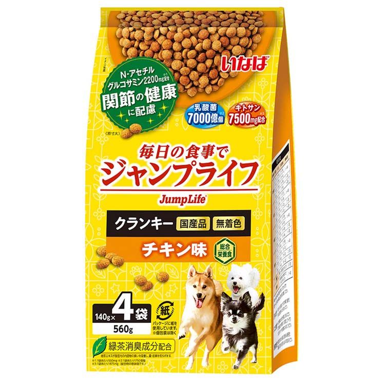 <a href="https://www.qoo10.jp/gmkt.inc/Search/brand.aspx?brandno=77771" target="_blank" class="title_brand" id="btn_brand" title="いなばペットフード">いなばペットフード</a>【人気商品】いなば Jump Life クランキー 140g*4袋 チキン味 ドッグフード ドライフード 犬 ペット フード ごはん ペットフード 犬用品 DD-185 (TC) メガ割