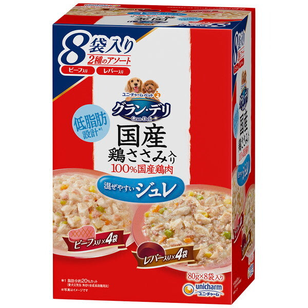 <a href="https://www.qoo10.jp/gmkt.inc/Search/brand.aspx?brandno=18151" target="_blank" class="title_brand" id="btn_brand" title="ユニ・チャーム">ユニ・チャーム</a>グランデリ 国産鶏ささみパウチ ジュレ 成犬用8袋パック ビーフ入り&レバー入り 80g8袋