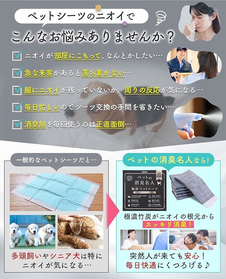 モフット ペットの消臭名人 超消臭 超吸収 ペットシーツ 厚型 犬用 猫用 トイレシート 吸水シート 使い捨て(竹炭ブラック, ワイド(45x60cm)50枚入/詰め替え/1袋)