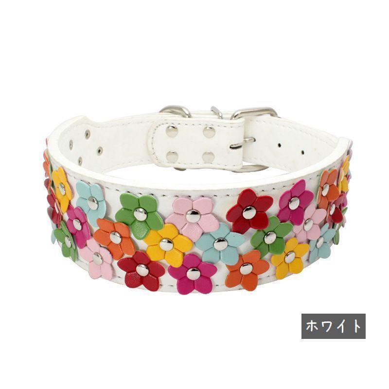 首輪 リード 犬用 ペット用 単品 幅広 カラー スタッズ 牽引紐 散歩紐 ドッグ 鋲 花 フラワー フェイクレザー かわいい カラフル ベルト おし