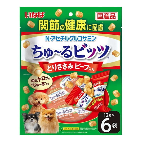<a href="https://www.qoo10.jp/gmkt.inc/Search/brand.aspx?brandno=77771" target="_blank" class="title_brand" id="btn_brand" title="いなばペットフード">いなばペットフード</a>ちゅ~るビッツ 関節の健康に配慮 とりささみ ビーフ入り 12g×6袋