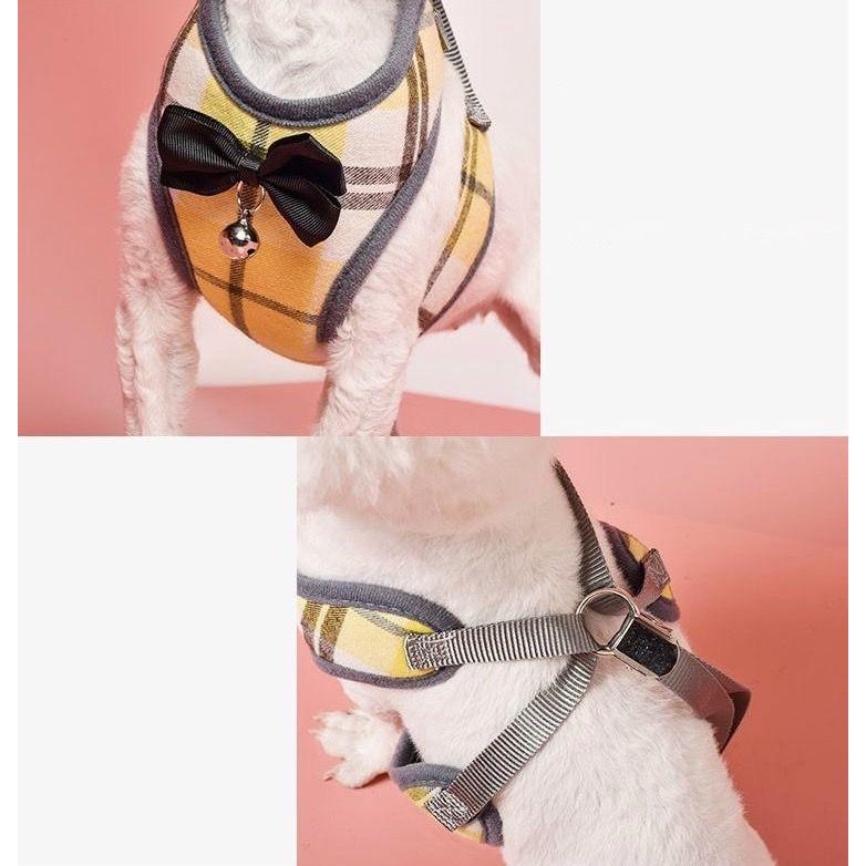 ハーネス リード 2点セット 犬用 猫用 小型犬 ペットウェア ドッグウェア ペット用品 メッシュ ベスト チェック リボン 蝶ネクタイ 鈴 お出かけ