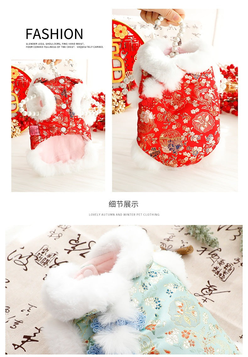 ペットウェア かわいい 3色XS-XL秋冬あたたまることスエード入り厚手タイプ犬の服かわいい中国風新年猫の新生ミルク犬のミルク猫のプリンセス子犬マシュマロ小型犬テディ服