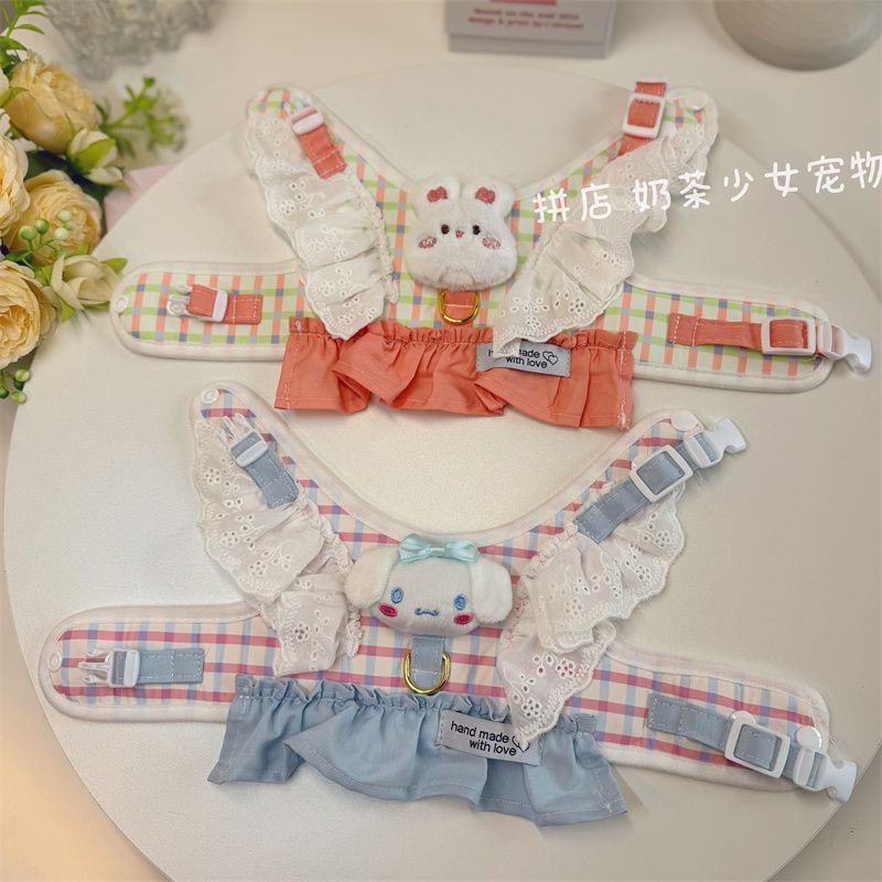 メガ割かわいいウサギ猫胸ストラップカラー格子犬牽引ロープ少女心ペット外出ロープ1019