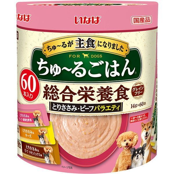<a href="https://www.qoo10.jp/gmkt.inc/Search/brand.aspx?brandno=77771" target="_blank" class="title_brand" id="btn_brand" title="いなばペットフード">いなばペットフード</a>いなば ちゅ~るごはん 60本 とりささみビーフバラエティ