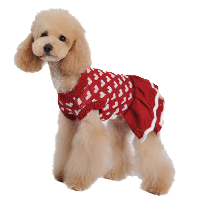 人気 可愛い ペット服 秋冬暖かいレッドピンクハート犬の服セータースカート休日クリスマス新年ペット服
