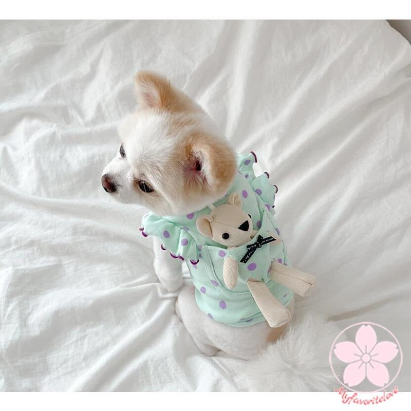 新入庫 犬服 ペット服 猫服 犬用洋服ドッグウェア猫服 ドット柄春夏秋冬使える可愛いお熊さん付き取り外せるおもちゃとしても使える