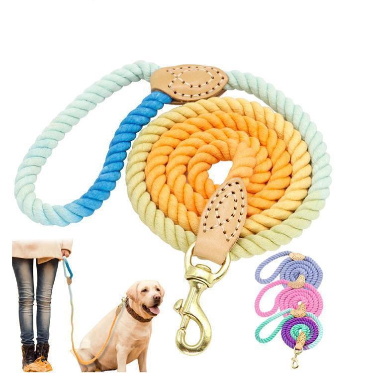 犬 リード ロープ 手作り ハンドメイド 自然素材 低アレルギー性 天然コットン 綿 本革 リアルレザー ゴールド 丈夫 かわいい おしゃれ 小型犬 中型犬 大型犬