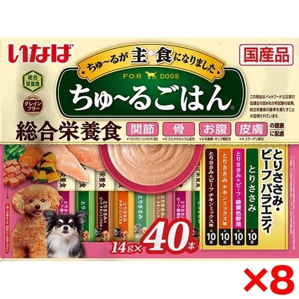 <a href="https://www.qoo10.jp/gmkt.inc/Search/brand.aspx?brandno=77771" target="_blank" class="title_brand" id="btn_brand" title="いなばペットフード">いなばペットフード</a>8個セット ちゅ~るごはん とりささみビーフバラエティ 14g×40本