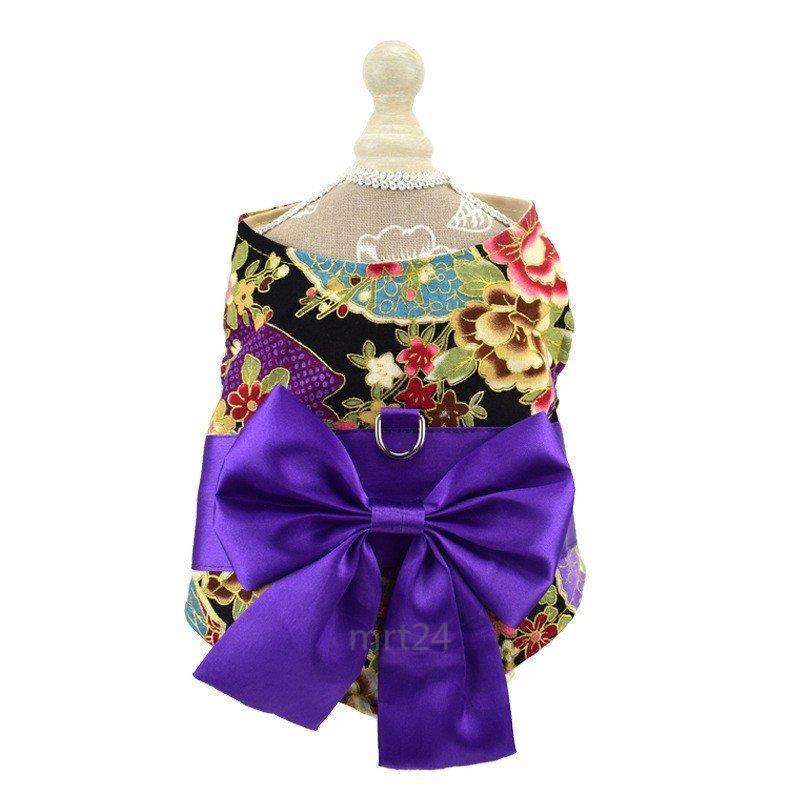 ドッグウェア 犬服 リード付き 着物風 和服風 和風 花柄 桜 薔薇 蝶 チョウ リボン帯 レトロ