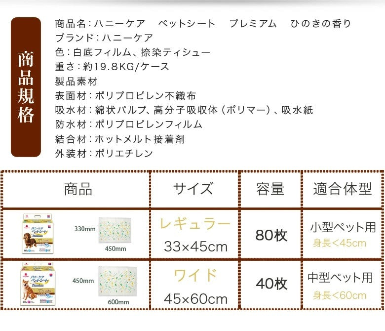 <a href="https://www.qoo10.jp/gmkt.inc/Search/brand.aspx?brandno=109151" target="_blank" class="title_brand" id="btn_brand" title="Honeycare">Honeycare</a>ペットシーツ 中厚型 ペットシート厚型 サイズ選択可 レギュラー ワイド スーパーワイド ヒノキの香り付き 香りの選択