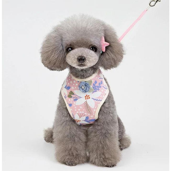新商品プロモーション,数量限定 犬 ハーネス リード付 ペット 服 フラワー コサージュ ウェアハーネス 胴輪 キャット ドッグ メッシュ リボン ラインストーン犬 ハーネス