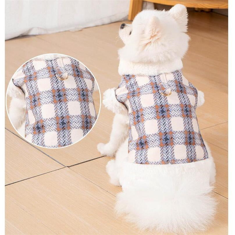 人気商品超目玉 犬服 ペットウェア 犬の服 厚手 Dカン付き チェック柄 ドッグウェア ペット用品 可愛い 暖かい 秋冬春 裏ボア 防寒 モコモコ ふわふわ 散歩