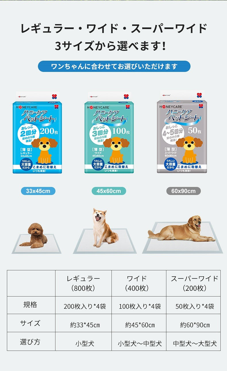 <a href="https://www.qoo10.jp/gmkt.inc/Search/brand.aspx?brandno=109151" target="_blank" class="title_brand" id="btn_brand" title="Honeycare">Honeycare</a>ペットシーツ 薄型 ペットシート 犬猫 サイズ選択可 レギュラー800枚 ワイド400枚 スーパーワイド200枚