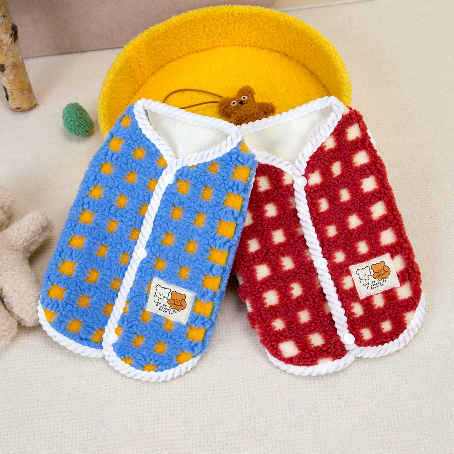 人気ペット用品犬服猫小型犬厚手フリース快適立体格子縞フリースベスト