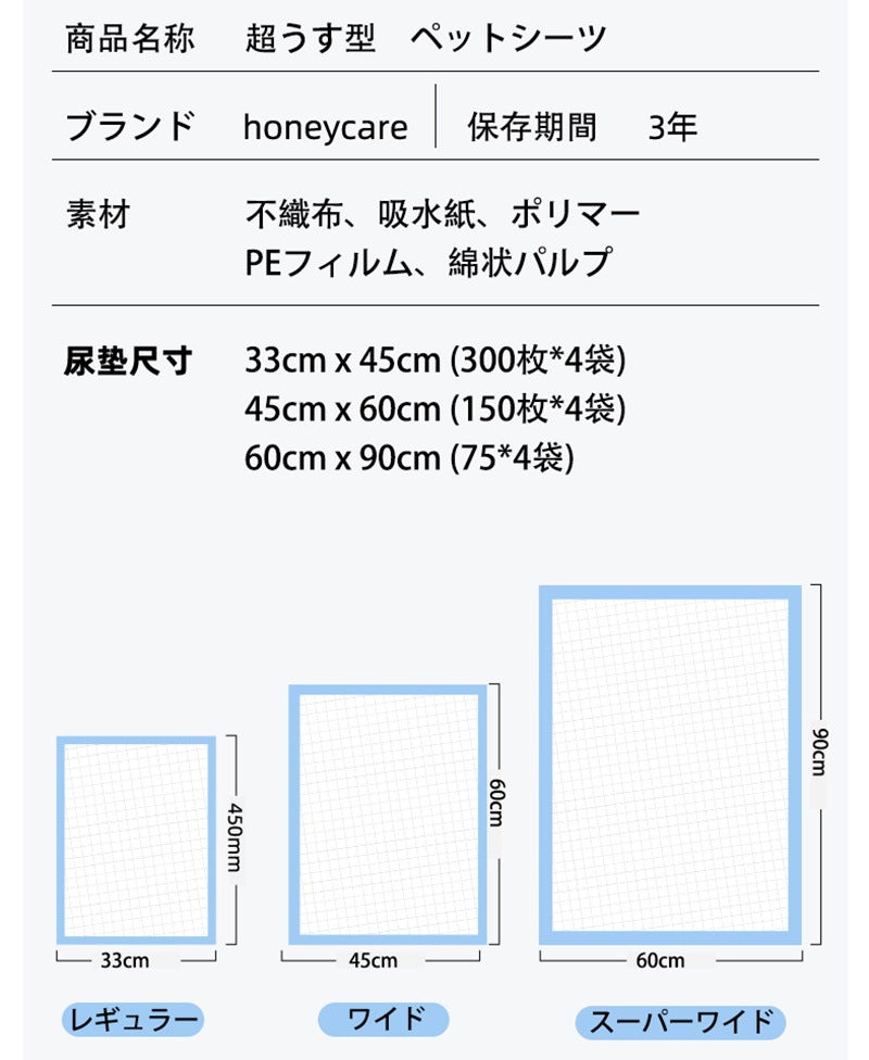 <a href="https://www.qoo10.jp/gmkt.inc/Search/brand.aspx?brandno=109151" target="_blank" class="title_brand" id="btn_brand" title="Honeycare">Honeycare</a>ペットシーツ 超薄型 ペットシート犬猫 サイズ選択可 レギュラー1200枚 ワイド600枚 スーパーワイド300枚