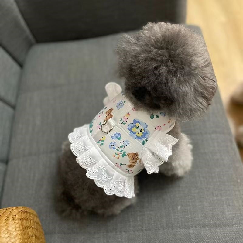 犬猫牽引ロープお姫様風通気ロープ小型犬かわいい子犬ペット胸帯猫服
