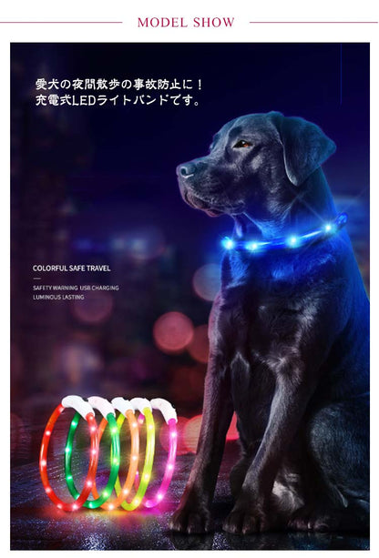犬 光る首輪 首輪 光る 35cm 50cm 70cm カット自由 7色 小型犬 中型犬 大型犬 散歩 夜 LED ライト レインボー USB 充電式 ペット 猫 防水 事故防止 キラキラ 安全 犬の