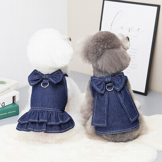 ペットウェアデニム 犬 服 新作秋冬 ペット服　犬猫服　快適で可愛い 春 小型犬 ペット服 けん引 マジックテープ着脱 ワンピース リードも付けれるペットウェア