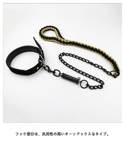 【首輪＋引きひも 2点セット】 犬 首輪 リード チェーン ゴツイ リードフック 防噛み 噛み切れない 超大型犬 大型犬 中型犬 小型犬 ばね 鎖 犬用 チェーンリード ブラックチェーン おしゃれ か