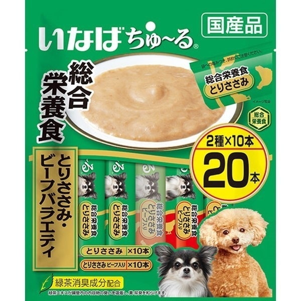 <a href="https://www.qoo10.jp/gmkt.inc/Search/brand.aspx?brandno=77771" target="_blank" class="title_brand" id="btn_brand" title="いなばペットフード">いなばペットフード</a>いなば ちゅ～る総合栄養食 とりささみビーフバラエティ 14g20本