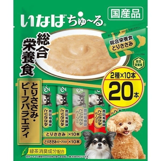 <a href="https://www.qoo10.jp/gmkt.inc/Search/brand.aspx?brandno=77771" target="_blank" class="title_brand" id="btn_brand" title="いなばペットフード">いなばペットフード</a>いなば ちゅ～る総合栄養食 とりささみビーフバラエティ 14g20本