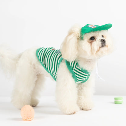犬 洋服 春夏犬服ボーダーベスト帽子リードスリング小型犬猫ペット服