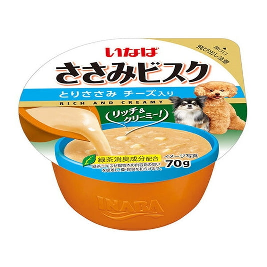 <a href="https://www.qoo10.jp/gmkt.inc/Search/brand.aspx?brandno=77771" target="_blank" class="title_brand" id="btn_brand" title="いなばペットフード">いなばペットフード</a>ささみビスクカップ とりささみ チーズ入り 70g