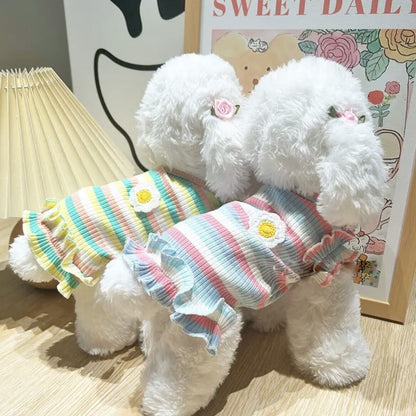 夏用 カラフルストライプ花柄ベスト 小型犬用 涼感素材 通気性抜群 トイ・プードル チワワ ポメラニアン 犬 服 犬 服 犬服 犬の服 ペット用品 ハーネス 小型犬