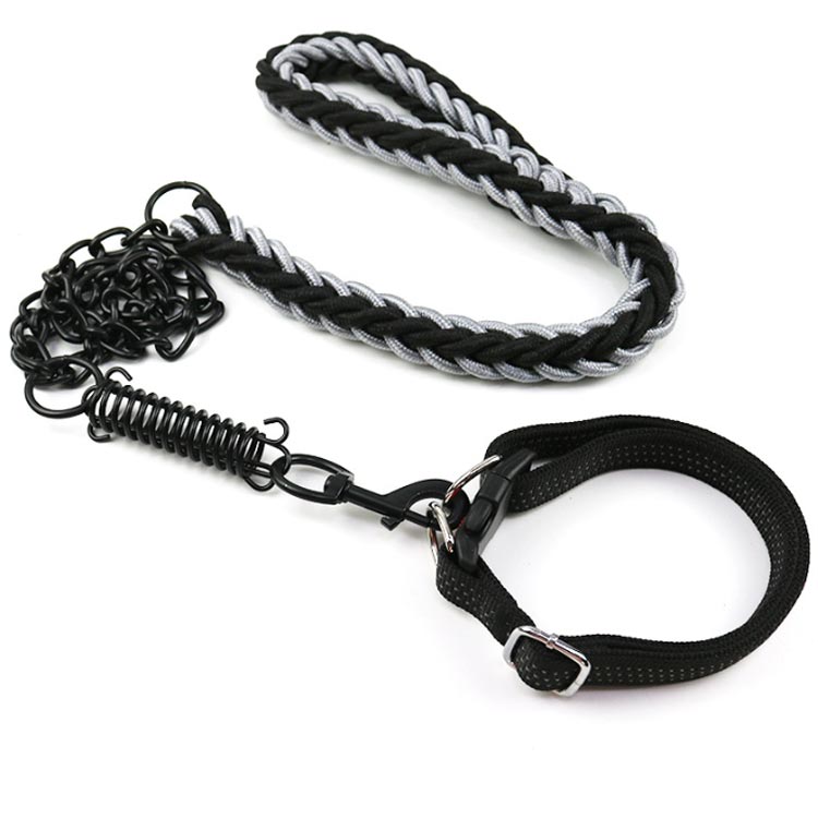 【首輪＋引きひも 2点セット】 犬 首輪 リード チェーン ゴツイ リードフック 防噛み 噛み切れない 超大型犬 大型犬 中型犬 小型犬 ばね 鎖 犬用 チェーンリード ブラックチェーン おしゃれ か