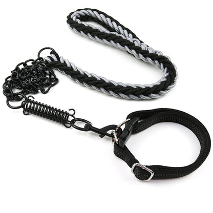 【首輪＋引きひも 2点セット】 犬 首輪 リード チェーン ゴツイ リードフック 防噛み 噛み切れない 超大型犬 大型犬 中型犬 小型犬 ばね 鎖 犬用 チェーンリード ブラックチェーン おしゃれ か