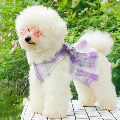 犬服 春 夏 ハーネス チェック柄 制服 JK ワンピース 2点セット 可愛い ドッグウエア 小型犬 中型犬 着脱簡単 引っ張り防止 おしゃれ リード付き お散歩 お出かけ メッシュ 胴輪 ウェアハー