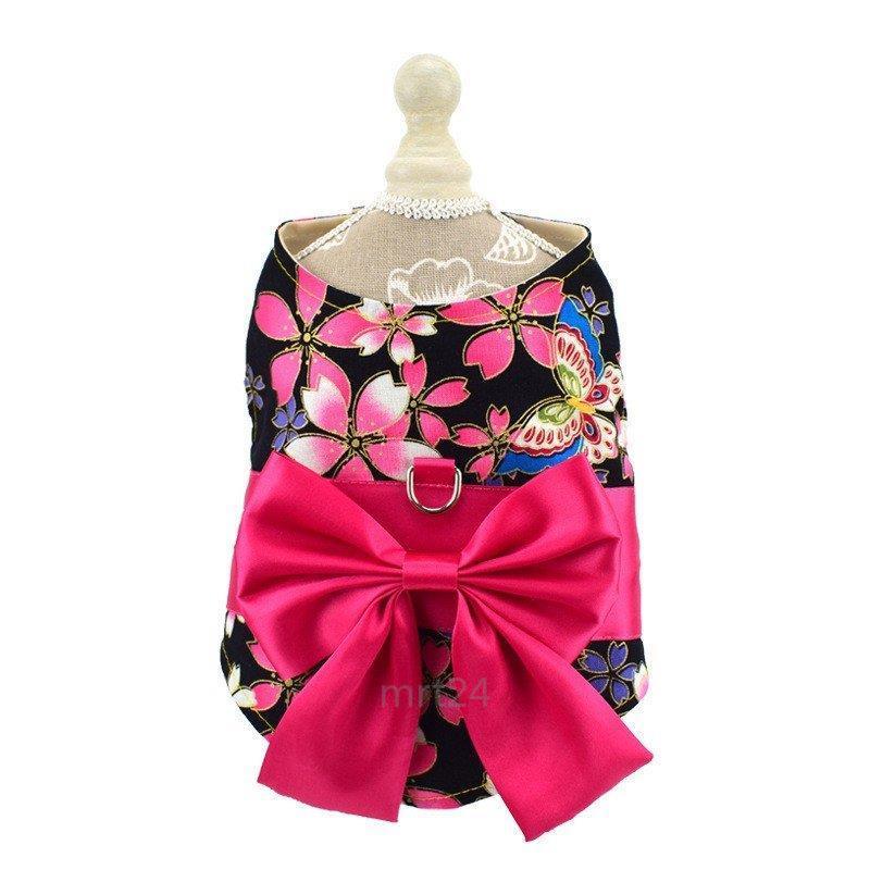 ドッグウェア 犬服 リード付き 着物風 和服風 和風 花柄 桜 薔薇 蝶 チョウ リボン帯 レトロ