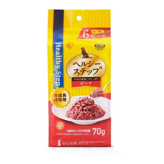 <a href="https://www.qoo10.jp/gmkt.inc/Search/brand.aspx?brandno=49458" target="_blank" class="title_brand" id="btn_brand" title="アイリスオーヤマ">アイリスオーヤマ</a>HRB706 ヘルシーステップレトルト ドッグフード (ビーフ 70g×6P 全成長段階用)