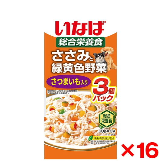 <a href="https://www.qoo10.jp/gmkt.inc/Search/brand.aspx?brandno=77771" target="_blank" class="title_brand" id="btn_brand" title="いなばペットフード">いなばペットフード</a>16個セット いなば ささみと緑黄色野菜 さつまいも入り 60g×3