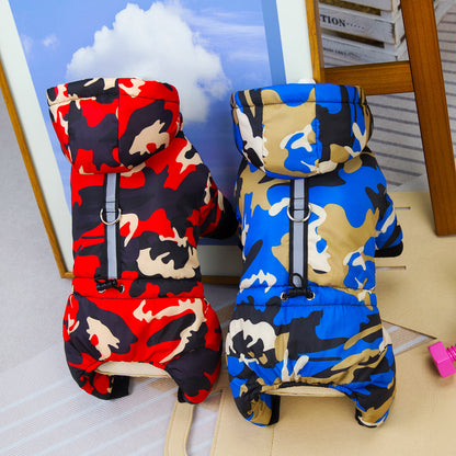 人気犬の服 ペットの服 小型犬や猫は秋と冬の暖かく快適なプルバックル迷彩四本足の綿のジャケットを着用することができます