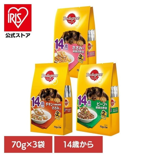 <a href="https://www.qoo10.jp/gmkt.inc/Search/brand.aspx?brandno=44601" target="_blank" class="title_brand" id="btn_brand" title="ペディグリー">ペディグリー</a>ドッグフード Pedigree ペディグリー 14歳から用 パウチ 70g×3袋 PWP11 マースジャパンリミテッド
